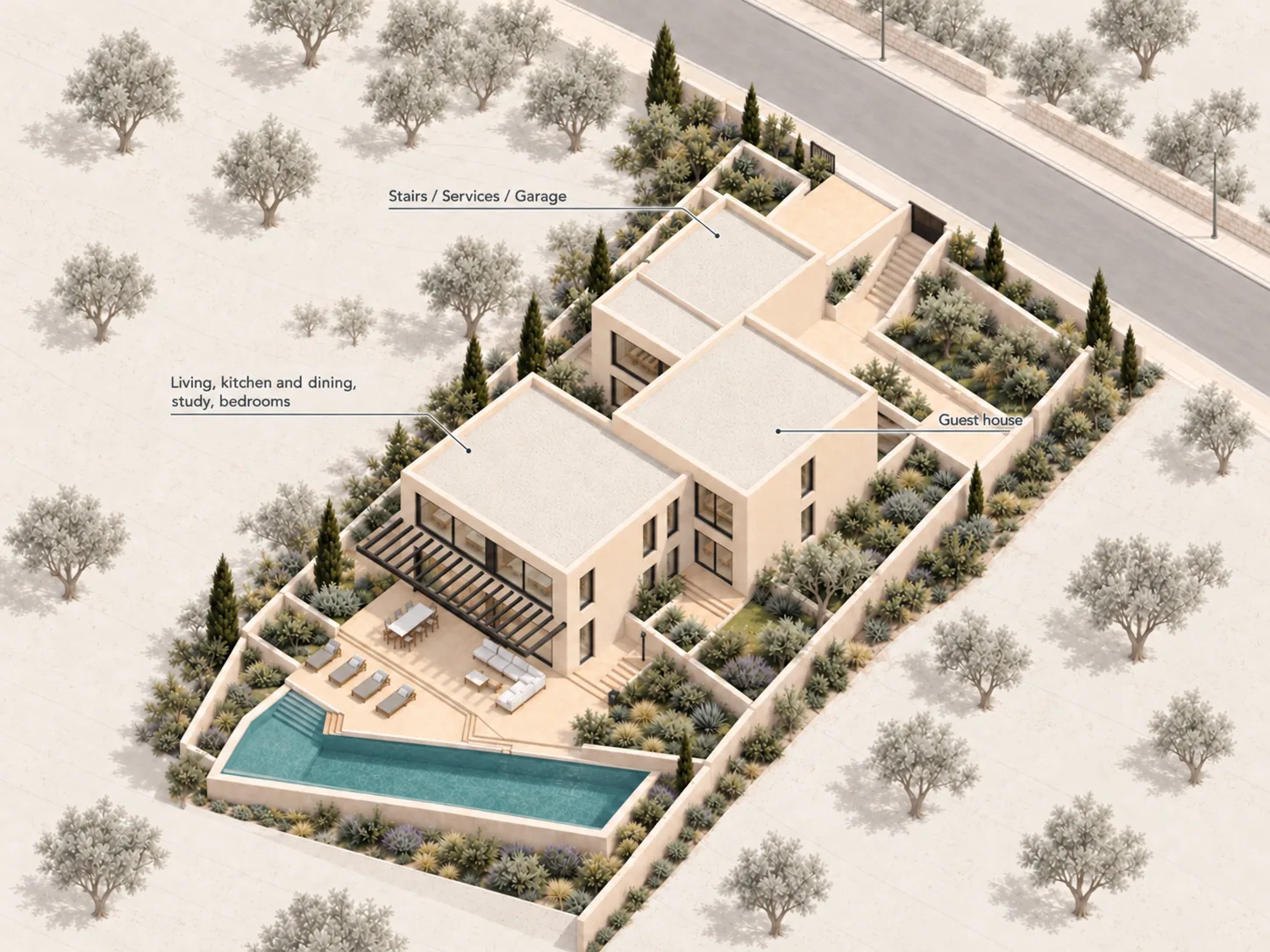 Villa Sa Costera concept diagram showing three stepped volumes for garage and services, guest house and main living spaces